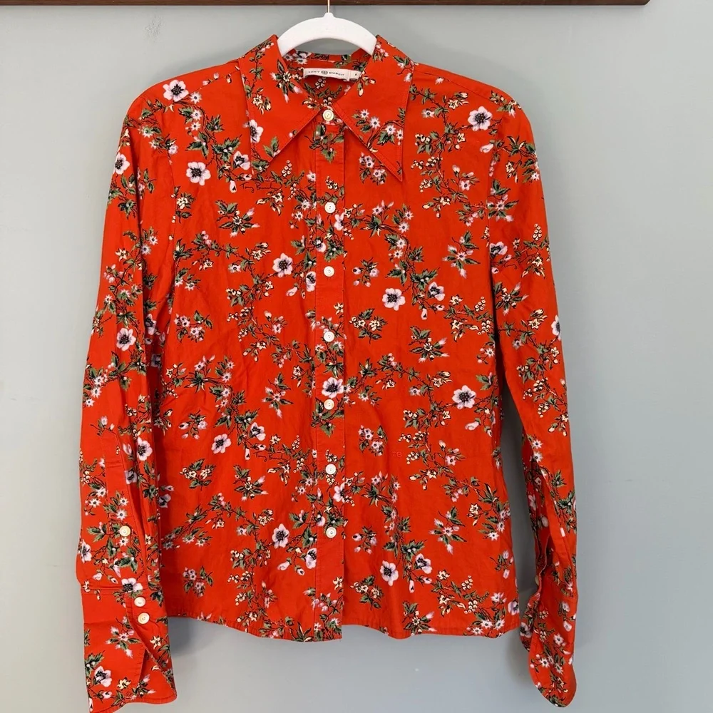 Tory Burch 100% Cotton Orange Floral Classic Oxford Button Down Shirt - Picture 4 of 17